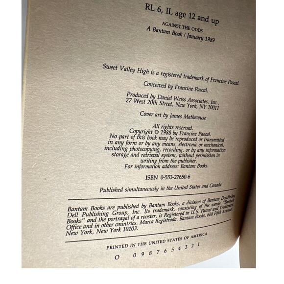 Sweet Valley High 1ST Edition First Print Book #51 Against The Odds VTG 1980s - Picture 8 of 8